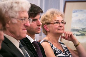 Prof. Andrzej Jasiński, prof. Roman Salyutov, Maria Serafin during the opening concert in Music and Literature Club, 14.08.2017. <br>Photo by Andrzej Solnica.